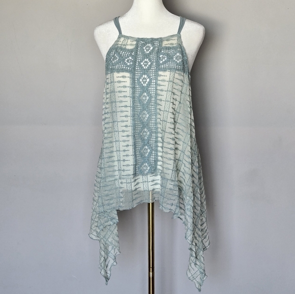 Boho Sleeveless Crochet Lace Babydoll Asymmetrical Hem Sheer Fairycore Top L - Picture 7 of 7